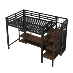 Lit Mezzanine Métal 90x200 cm enfant avec Escalier Sécurisé, Rangement et Support TV - Noir