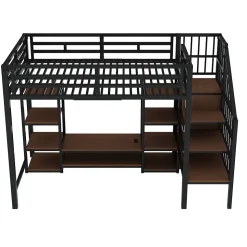 Lit Mezzanine Métal 90x200 cm enfant avec Escalier Sécurisé, Rangement et Support TV - Noir