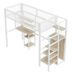 Lit mezzanine métal 90x200cm blanc avec armoire et bureau, échelle sécurisée