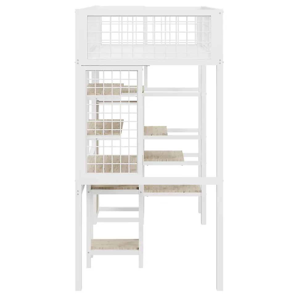 Lit mezzanine métal 90x200cm blanc avec armoire et bureau, échelle sécurisée