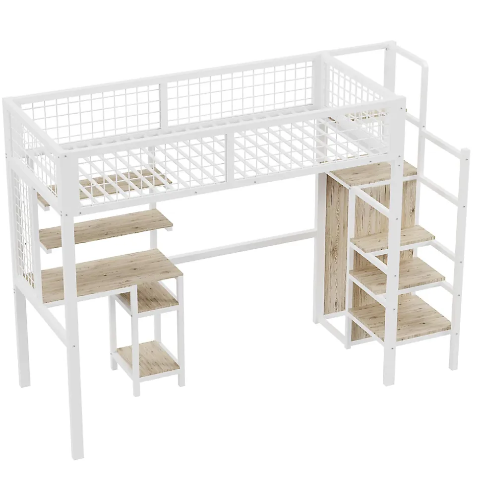 Lit mezzanine métal 90x200cm blanc avec armoire et bureau, échelle sécurisée