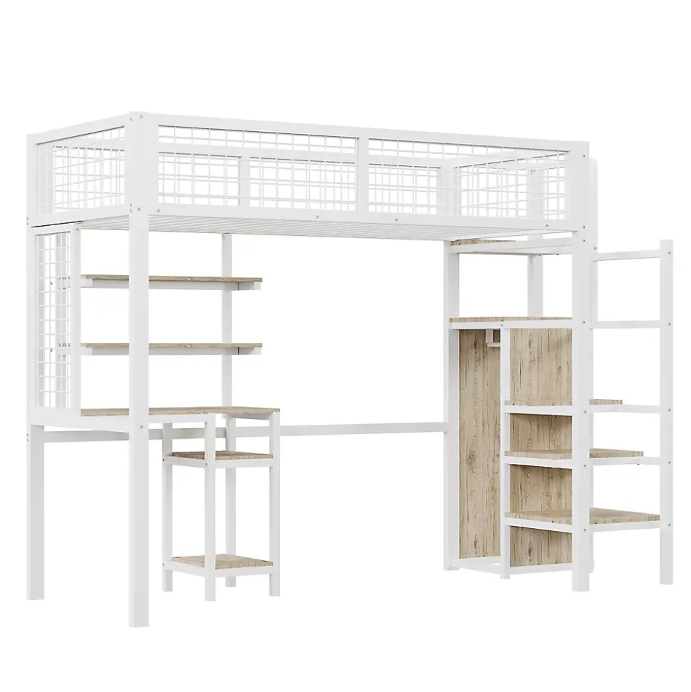 Lit mezzanine métal 90x200cm blanc avec armoire et bureau, échelle sécurisée