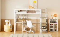 Lit mezzanine métal 90x200cm blanc avec armoire et bureau, échelle sécurisée