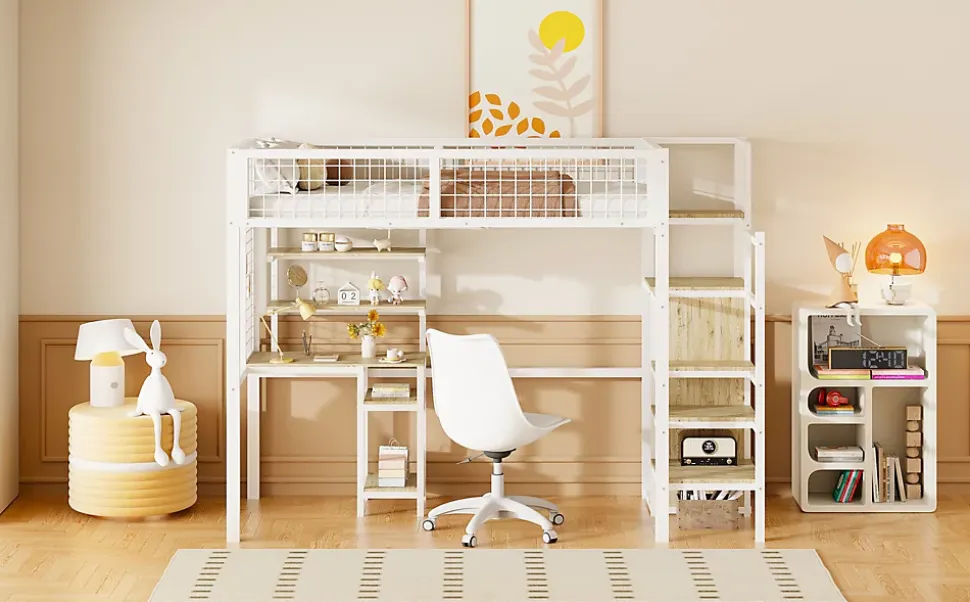 Lit mezzanine métal 90x200cm blanc avec armoire et bureau, échelle sécurisée