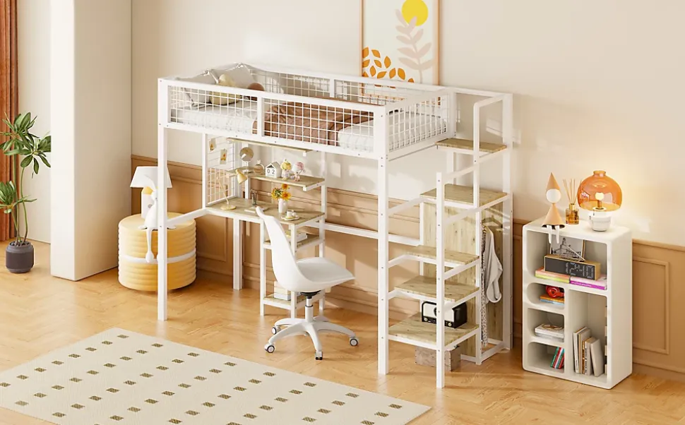 Lit mezzanine métal 90x200cm blanc avec armoire et bureau, échelle sécurisée
