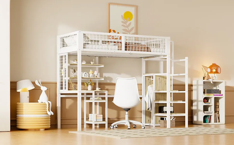 Lit mezzanine métal 90x200cm blanc avec armoire et bureau, échelle sécurisée