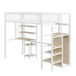 Lit mezzanine métal 90x200cm blanc avec armoire et bureau, échelle sécurisée