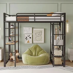 Lit mezzanine métallique avec bureau, étagères et espace rangement