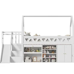 Lit mezzanine multifonctionnel 90x200 cm en bois et MDF - avec toboggan, escalier et casiers - Blanc(sans matelas)