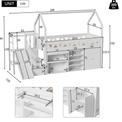 Lit mezzanine multifonctionnel 90x200 cm en bois et MDF - avec toboggan, escalier et casiers - Blanc(sans matelas)