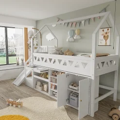 Lit mezzanine multifonctionnel 90x200 cm en bois et MDF - avec toboggan, escalier et casiers - Blanc(sans matelas)