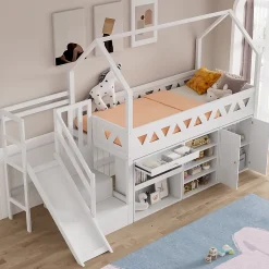 Lit mezzanine multifonctionnel 90x200 cm en bois et MDF - avec toboggan, escalier et casiers - Blanc(sans matelas)