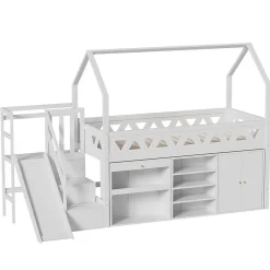 Lit mezzanine multifonctionnel 90x200 cm en bois et MDF - avec toboggan, escalier et casiers - Blanc(sans matelas)