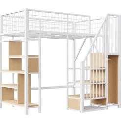 Lit mezzanine multifonctionnel avec rangement, étagères et escalier,90x200cm,blanc,pour adulte et enfant