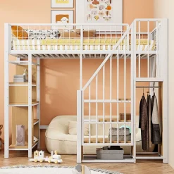 Lit mezzanine multifonctionnel avec rangement, étagères et escalier,90x200cm,blanc,pour adulte et enfant
