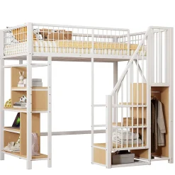 Lit mezzanine multifonctionnel avec rangement, étagères et escalier,90x200cm,blanc,pour adulte et enfant