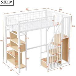 Lit mezzanine multifonctionnel avec rangement, étagères et escalier,90x200cm,blanc,pour adulte et enfant
