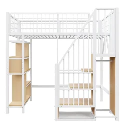 Lit mezzanine multifonctionnel avec rangement, étagères et escalier,90x200cm,blanc,pour adulte et enfant