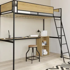 Lit mezzanine simple DETROIT avec bureau et rangements 90 x 190 cm design industriel
