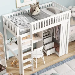 Lit Mezzanine Simple 90x200 cm - En Bois, Avec Bureau et Armoire, Escalier avec Rangements Intégrés - Sans Matelas - Blanc