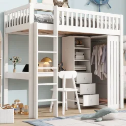 Lit Mezzanine Simple 90x200 cm - En Bois, Avec Bureau et Armoire, Escalier avec Rangements Intégrés - Sans Matelas - Blanc