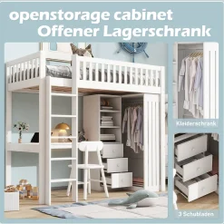 Lit Mezzanine Simple 90x200 cm - En Bois, Avec Bureau et Armoire, Escalier avec Rangements Intégrés - Sans Matelas - Blanc