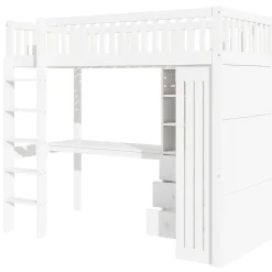 Lit Mezzanine Simple 90x200 cm - En Bois, Avec Bureau et Armoire, Escalier avec Rangements Intégrés - Sans Matelas - Blanc