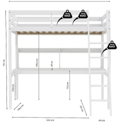 Lit mezzanine STUDIO 140x190 + 1 sommier + bureau + étagère / Blanc