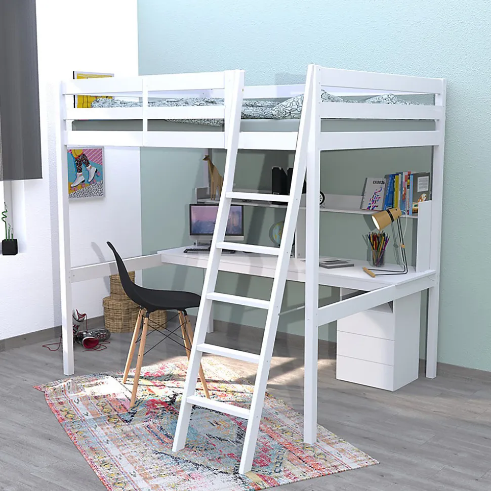 Lit mezzanine STUDIO 140x190 + 1 sommier + caisson 3 tiroirs + bureau + étagère / Blanc