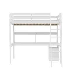 Lit mezzanine STUDIO 140x190 + 1 sommier + caisson 3 tiroirs + bureau + étagère / Blanc