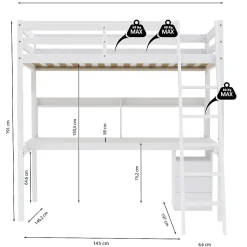 Lit mezzanine STUDIO 140x190 + 1 sommier + caisson 3 tiroirs + bureau + étagère / Blanc