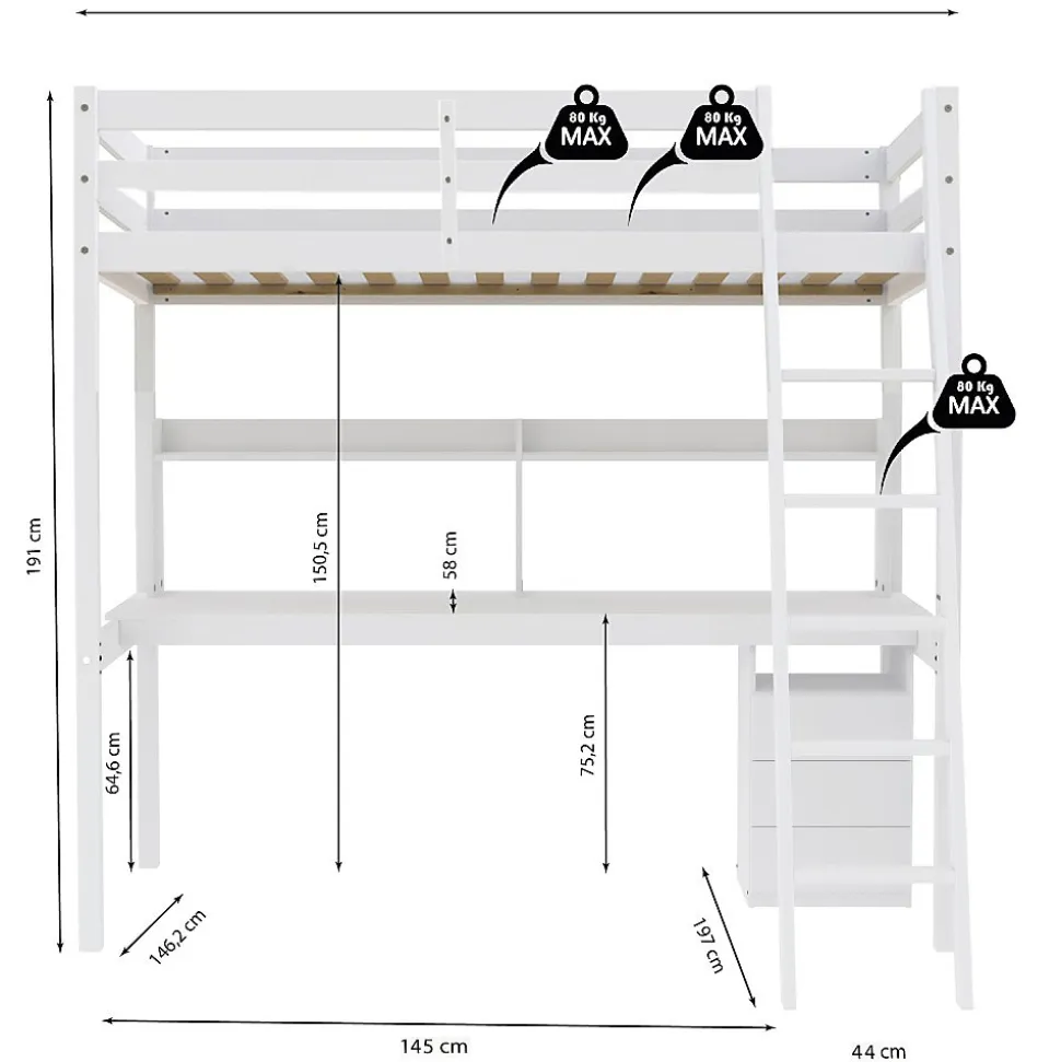 Lit mezzanine STUDIO 140x190 + 1 sommier + caisson 3 tiroirs + bureau + étagère / Blanc