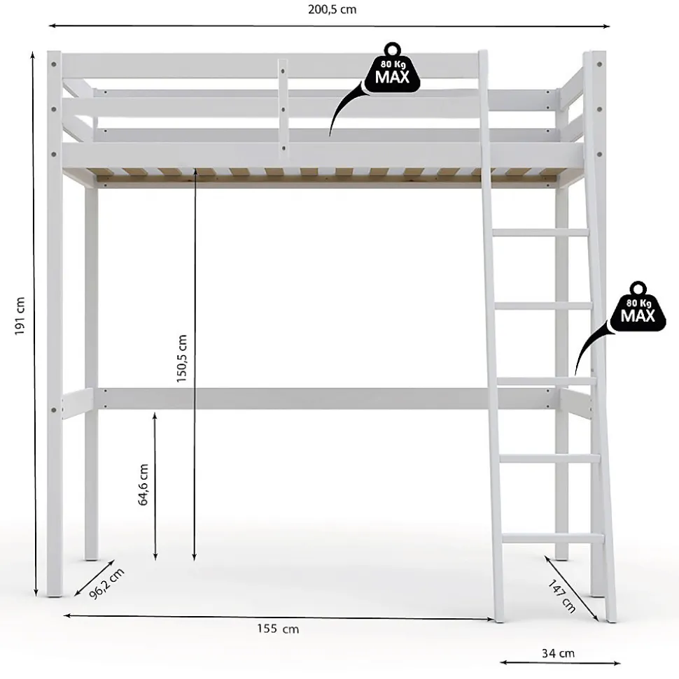 Lit mezzanine STUDIO 90x190 + 1 sommier / Blanc