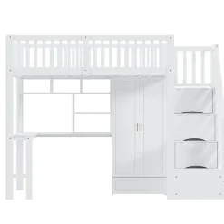 Lit Mezzanine 90x200 - Lit Enfant avec Bureau, Armoire et Rangements Intégrés, Design Pratique et Moderne, Bois Blanc