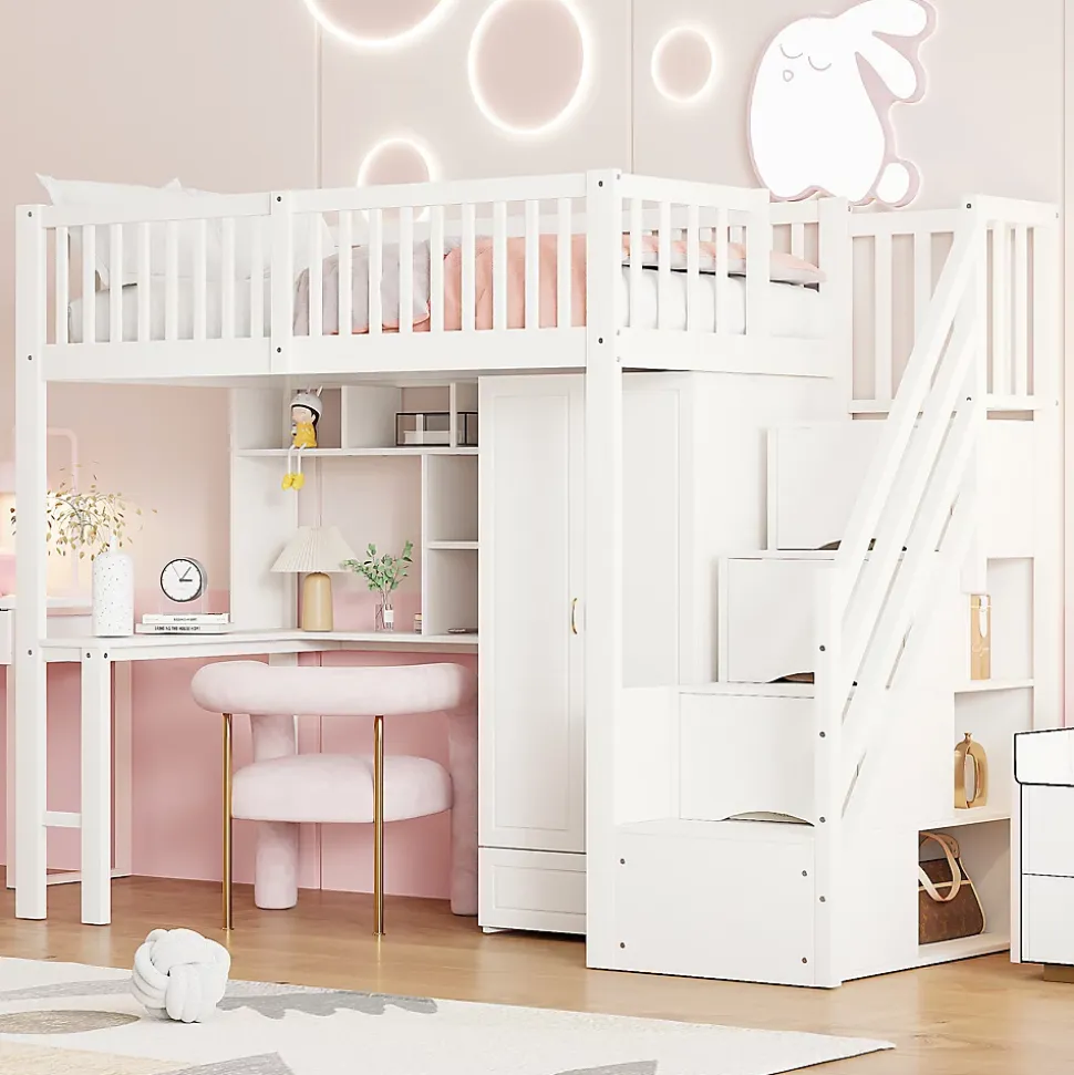 Lit Mezzanine 90x200 - Lit Enfant avec Bureau, Armoire et Rangements Intégrés, Design Pratique et Moderne, Bois Blanc