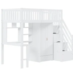 Lit Mezzanine 90x200 - Lit Enfant avec Bureau, Armoire et Rangements Intégrés, Design Pratique et Moderne, Bois Blanc
