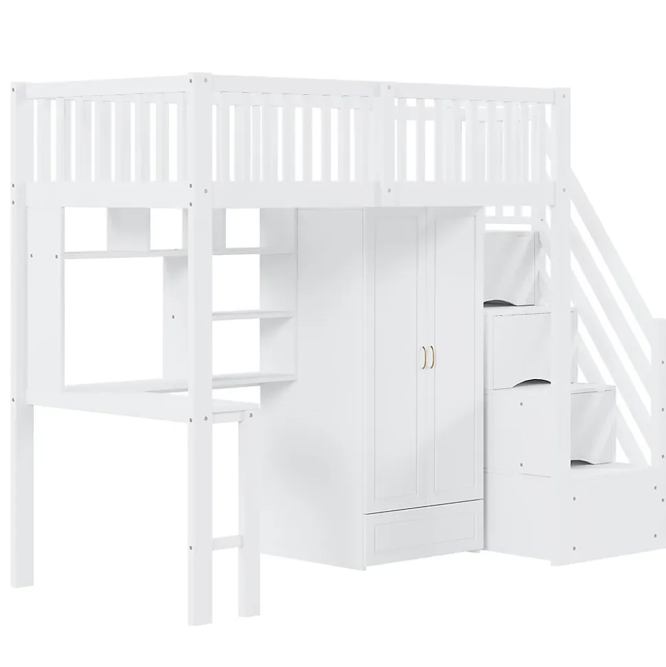 Lit Mezzanine 90x200 - Lit Enfant avec Bureau, Armoire et Rangements Intégrés, Design Pratique et Moderne, Bois Blanc