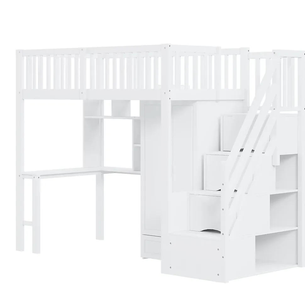 Lit Mezzanine 90x200 - Lit Enfant avec Bureau, Armoire et Rangements Intégrés, Design Pratique et Moderne, Bois Blanc