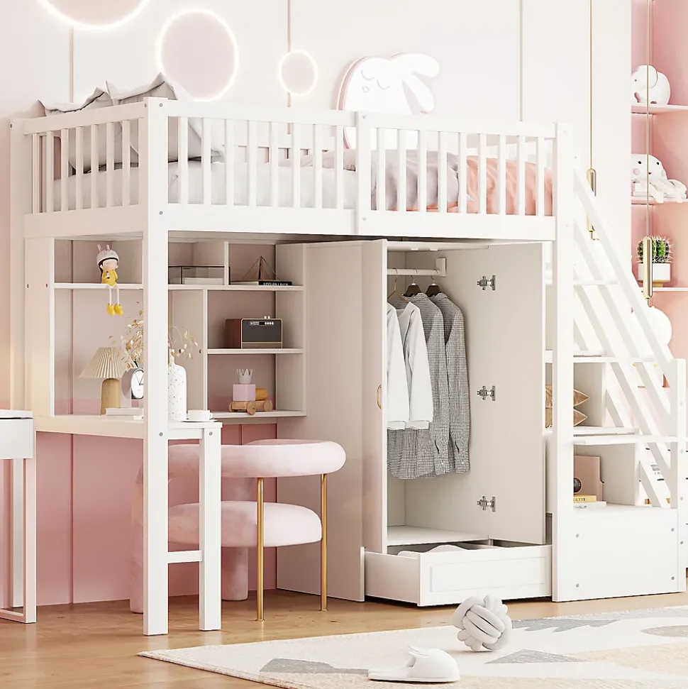 Lit Mezzanine 90x200 - Lit Enfant avec Bureau, Armoire et Rangements Intégrés, Design Pratique et Moderne, Bois Blanc