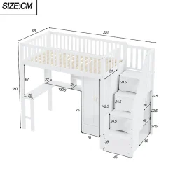 Lit Mezzanine 90x200 - Lit Enfant avec Bureau, Armoire et Rangements Intégrés, Design Pratique et Moderne, Bois Blanc