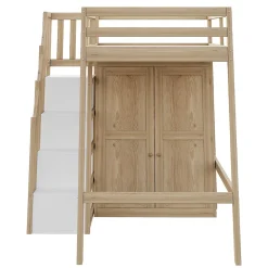 Lit Mezzanine 90x200 cm - avec Échelle Sécurisée, Rangement Intégré et Armoire - Bois Massif Naturel, Sans Matelas, Naturel