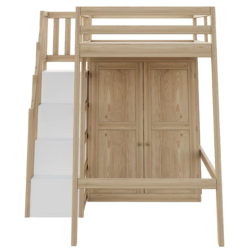 Lit Mezzanine 90x200 cm - avec Échelle Sécurisée, Rangement Intégré et Armoire - Bois Massif Naturel, Sans Matelas, Naturel
