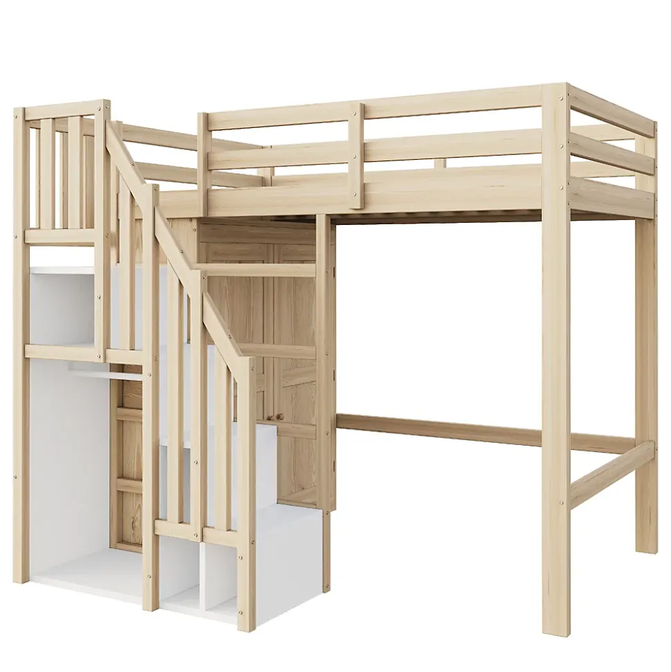 Lit Mezzanine 90x200 cm - avec Échelle Sécurisée, Rangement Intégré et Armoire - Bois Massif Naturel, Sans Matelas, Naturel