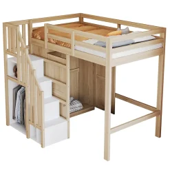 Lit Mezzanine 90x200 cm - avec Échelle Sécurisée, Rangement Intégré et Armoire - Bois Massif Naturel, Sans Matelas, Naturel