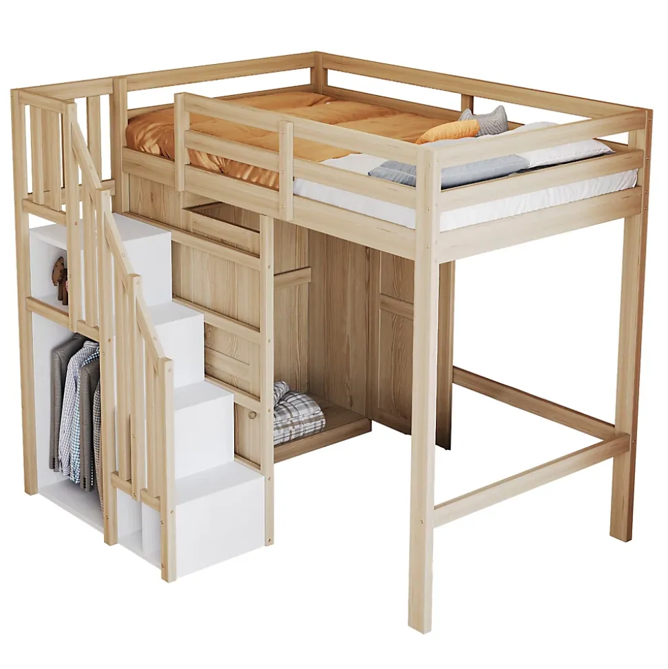 Lit Mezzanine 90x200 cm - avec Échelle Sécurisée, Rangement Intégré et Armoire - Bois Massif Naturel, Sans Matelas, Naturel