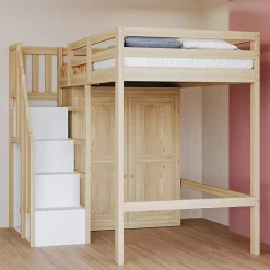 Lit Mezzanine 90x200 cm - avec Échelle Sécurisée, Rangement Intégré et Armoire - Bois Massif Naturel, Sans Matelas, Naturel