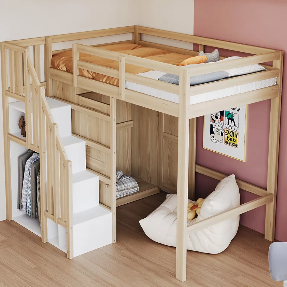 Lit Mezzanine 90x200 cm - avec Échelle Sécurisée, Rangement Intégré et Armoire - Bois Massif Naturel, Sans Matelas, Naturel