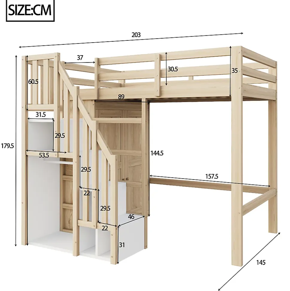 Lit Mezzanine 90x200 cm - avec Échelle Sécurisée, Rangement Intégré et Armoire - Bois Massif Naturel, Sans Matelas, Naturel