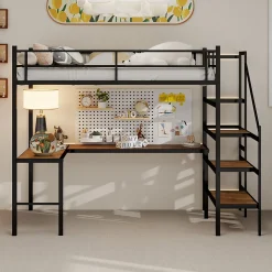 Lit Mezzanine 90x190 cm - avec Bureau en L et Escalier, Garde-Corps Continu, Structure en Métal, sans Matelas, Noir