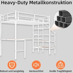 Lit Mezzanine 90x190 cm - avec Bureau en L et Escalier, Garde-Corps Continu, Structure en Métal, sans Matelas, Blanc